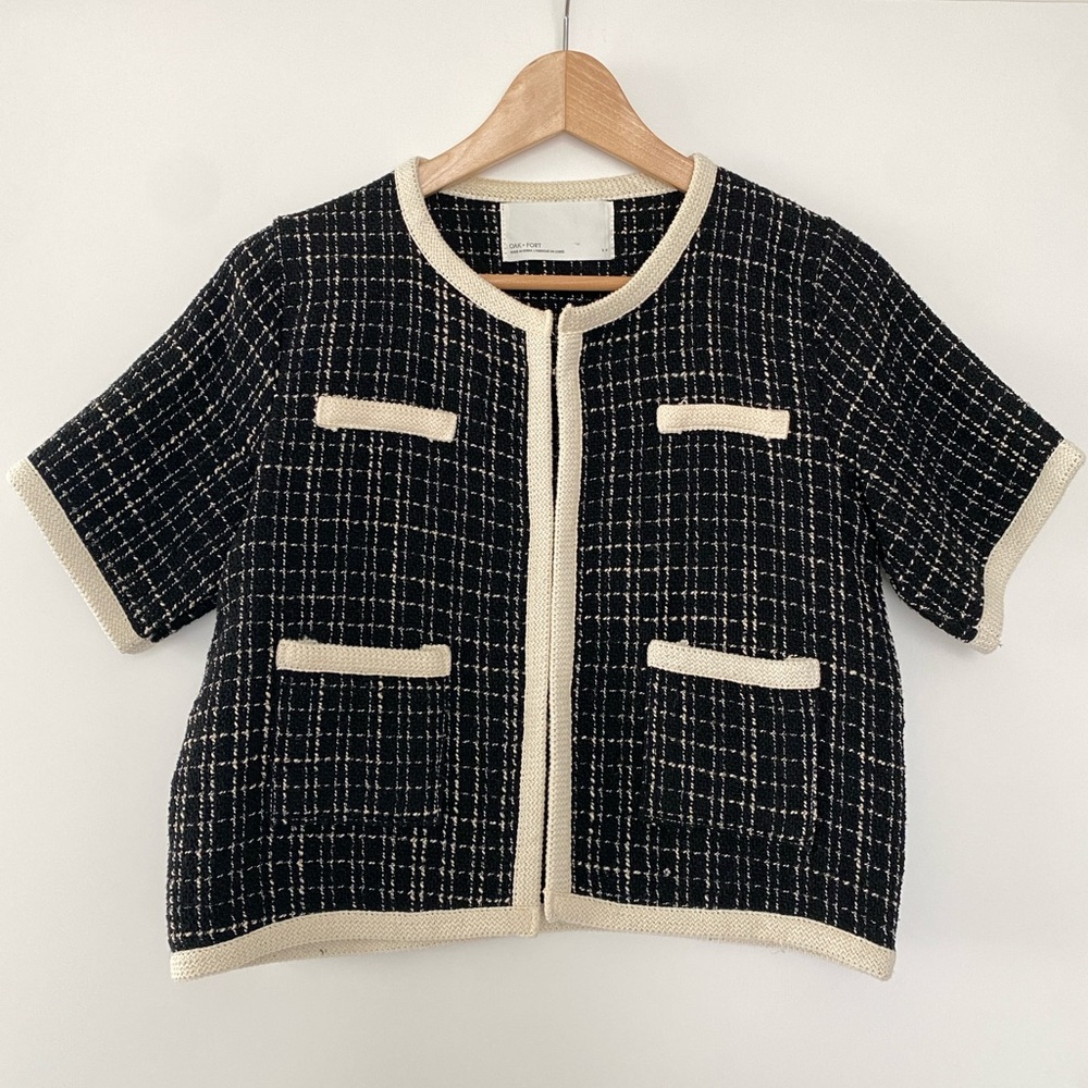 Oak + Fort - Black and Cream Tweed Short Sleeve Jacket